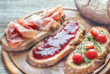 Canvas Print - Bruschetta with different toppings