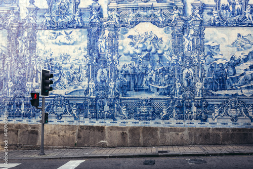 Fotomural Characteristic tilework called Azulejo on Capela das Almas church in Porto, Port