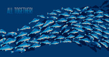 School Of Fish Vector Illustration For Header, Web, Print, Card And Invitation. Plenty Of Herring Or Cod Moving In The Sea.