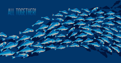 School of fish vector illustration for header, web, print, card and invitation. Plenty of herring or cod moving in the sea.