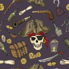 Wall Mural - Pirate seamless pattern on dark background. Vector illustration