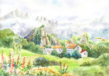 Watercolor Landscape With Mountains, Meadow, Village.Cool Day In The Alps. Painting Suit For Wallpaper, Background, Poster. Artwork. Mountain Fog. Tour To Switzerland