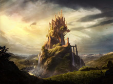 Digital Illustration Of Mix Media Of A Imaginative Castle Fortress In Fantasy Land 