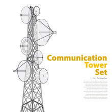 Vector Satellite Tower In Isometric Perspective Isolated On White Background. Communications Tower With Typography Layout. Outlined Detail Of Transmission Tower Telephone And Television Signals.