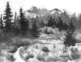 Hand Drawn Watercolor Painting of Forest Landscape. Taiga
