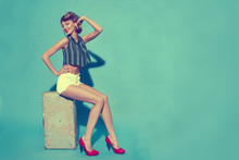 Beautiful Girl With Suitcase In Vintage Style