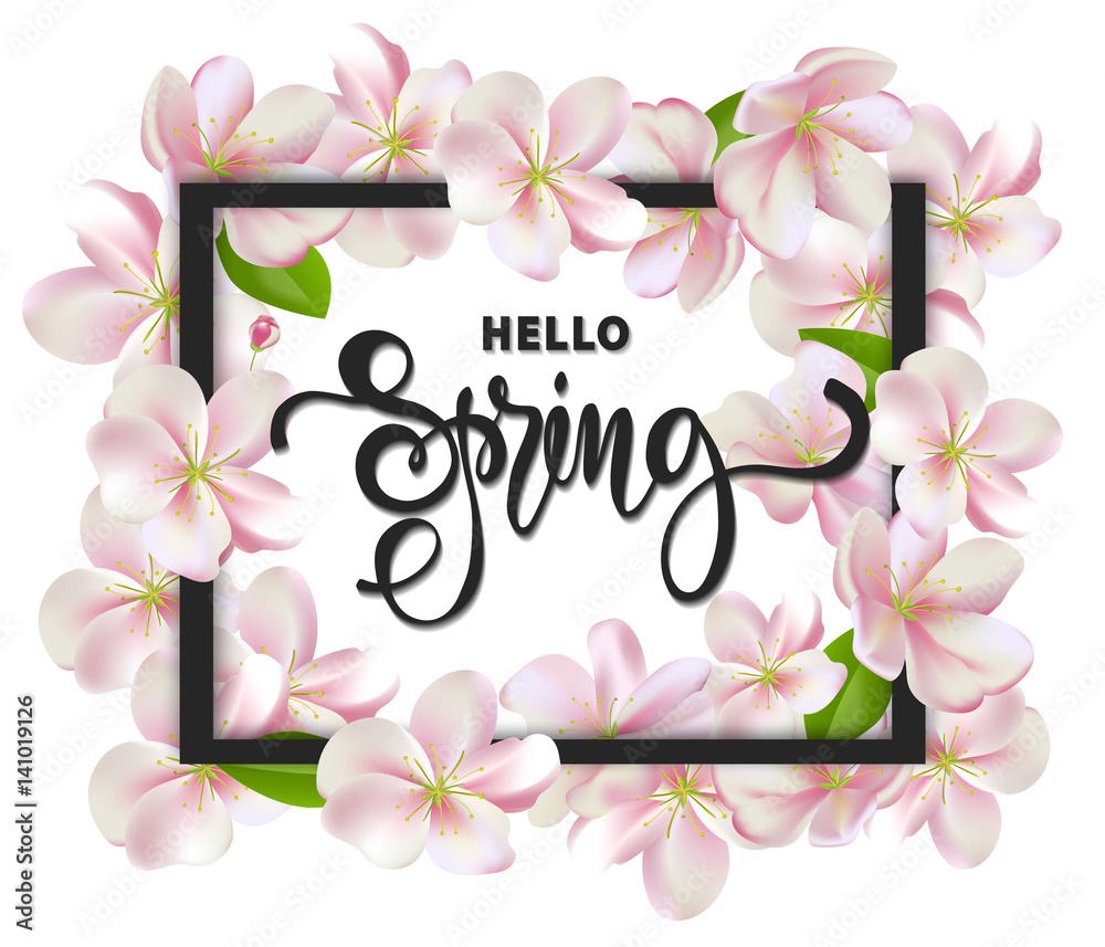 Hello spring background with cherry blossoms, leaves and branches ...