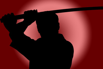 Silhouette of man with sword on red background