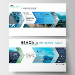 Poster - Business templates in HD format for presentation slides. Flat design blue color travel decoration layout, easy editable vector template, colorful blurred natural landscape.