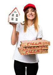 Sticker - Pizza delivery woman holding a little house