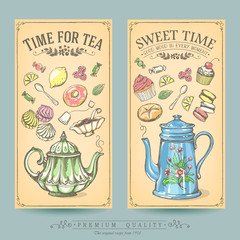 Wall Mural - Cards of pastries and tea. Vintage posters of bakery sweet shop or coffee house. Freehand drawing, sketch