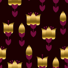 Deep Red Color Decorative Seamless Pattern With Gold Elements. Luxury Style Surface Design For Wrapping Paper, Print, Background, Fabric.