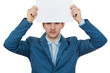 Depressed Businessman holding  white paper over his head on white background.