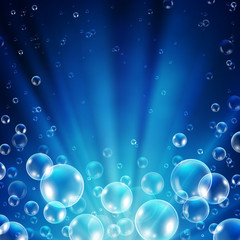 Wall Mural - Abstract underwater background with sunlight and air bubbles
