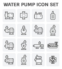 Vector Icon Of Electric Water Pump And Steel Pipe For Water Distribution Isolated On White Background.