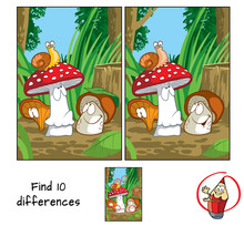 Mushrooms And Snail. Find 10 Differences. Educational Game For Children. Cartoon Vector Illustration.