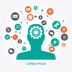 Poster - silhouette of a man head with gears and business icons. flat design style. the file is saved in the 