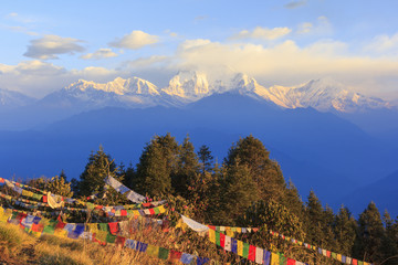 Wall Mural - Annapurna and Himalaya mountain range with sunrise view from Poonhill, famous trekking destination in Nepal.