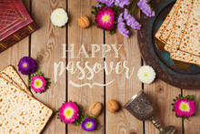 Jewish Holiday Passover Greeting Card With Matza And Seder Plate Over Wooden Background. View From Above
