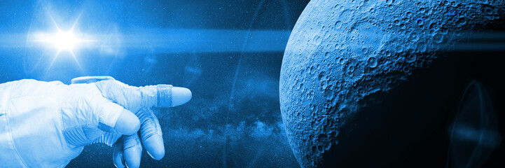 Wall Mural - astronaut pointing to the moon (blue 3d illustration, background banner, elements of this image are 