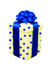 yellow polka dot present box with blue bow