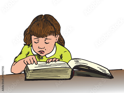 Beautiful Baby Girl Reading Big Book Hand Drawn Doodle