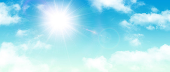 sunny background, blue sky with white clouds and sun