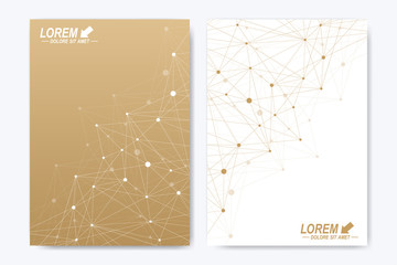 Aufkleber - Vector template for brochure, Leaflet, flyer, advert, cover, catalog, magazine or annual report. Geometric background molecule and communication. Golden cybernetic dots. Lines plexus. Card surface.