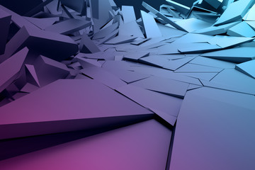 Poster - Abstract 3d rendering of cracked surface. Background with broken shape. Wall destruction. Bursting with debris. Modern cgi illustration. Design for poster, banner, placard, cover, print.
