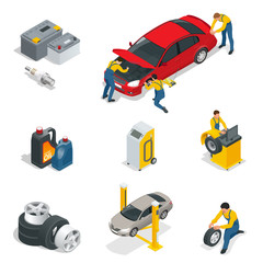 Mechanic and Car Repair, Battery, Spark plugs, Oil, Tires, Wheels elements. Flat 3d isometric illustration for infographics and design.