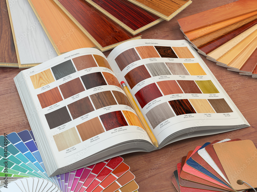 Interior design and house renovations concept. Catalog of wood samples ...