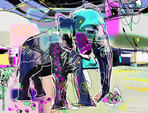 Naklejka - mata magnetyczna na lodówkę abstract memphis digital painting of indian elephant