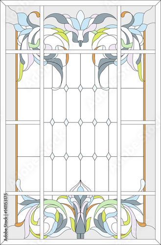 Dekoracja na wymiar  panel-witrazowy-w-prostokatnej-ramie-abstrakcyjna-kompozycja-kwiatowa-pakow-i-lisci