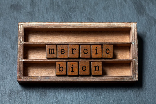 Mercie bien. Thank you very much written in French translation. Vintage box, wooden cubes phrase with old style letters. Gray stone textured background. Close-up, up view, soft focus