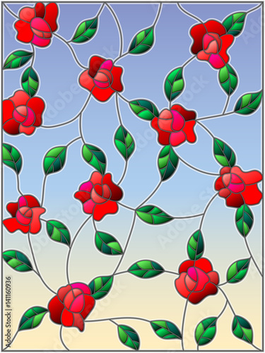 Obraz w ramie Illustration in the style of stained glass with intertwined roses and leaves on a sky background