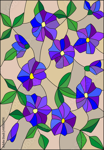 Fototapeta na wymiar Illustration in the style of stained glass with intertwined abstract purple flowers and leaves on a brown background