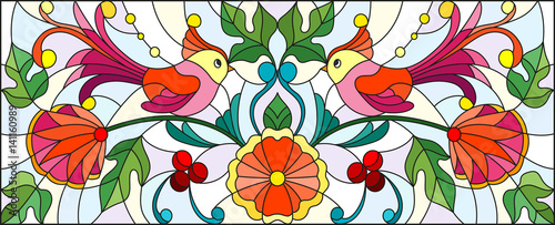 Plakat na zamówienie Illustration in stained glass style with a pair of abstract birds , flowers and patterns on a light background , horizontal image