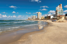 Tel Aviv Beach With A View Of Mediterranean Sea And Skyscrapers, Israel.