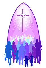 Illustration of colorful silhouettes of people of all ages and ethnicity, gathering below a brightly shining cross with a crown of thorns, under an arch representing a church sanctuary. 