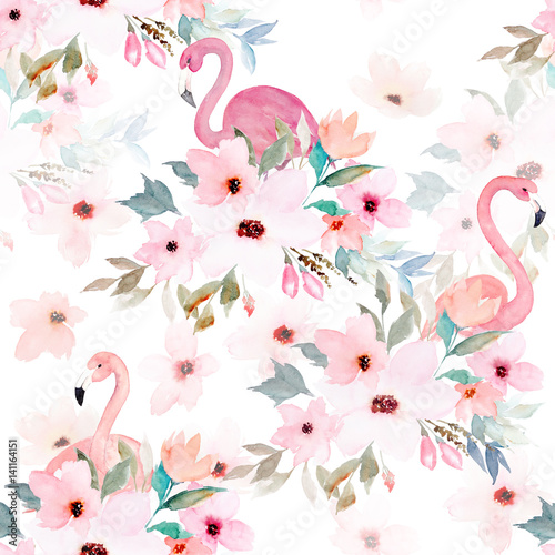 Watercolor seamless pattern. Floral print with flamingo