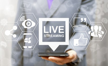 Live Streaming Social Media Web Network Concept. Man Offers Smart Phone With Bubble Live Streaming Icon On Virtual Screen. Broadcast Online Technology Stream Video And Music. Internet Marketing.