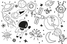 Black White Drawing. Doodle. Vector Set Of Space Elements.
