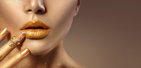 Wall Mural - fashion art golden skin woman face portrait closeup