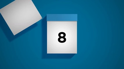 Blue calendar on a blue background, flipping through 31 days of the month. Pages are torn off and fly away to the left. Loopable computer generated animation including luma matte.