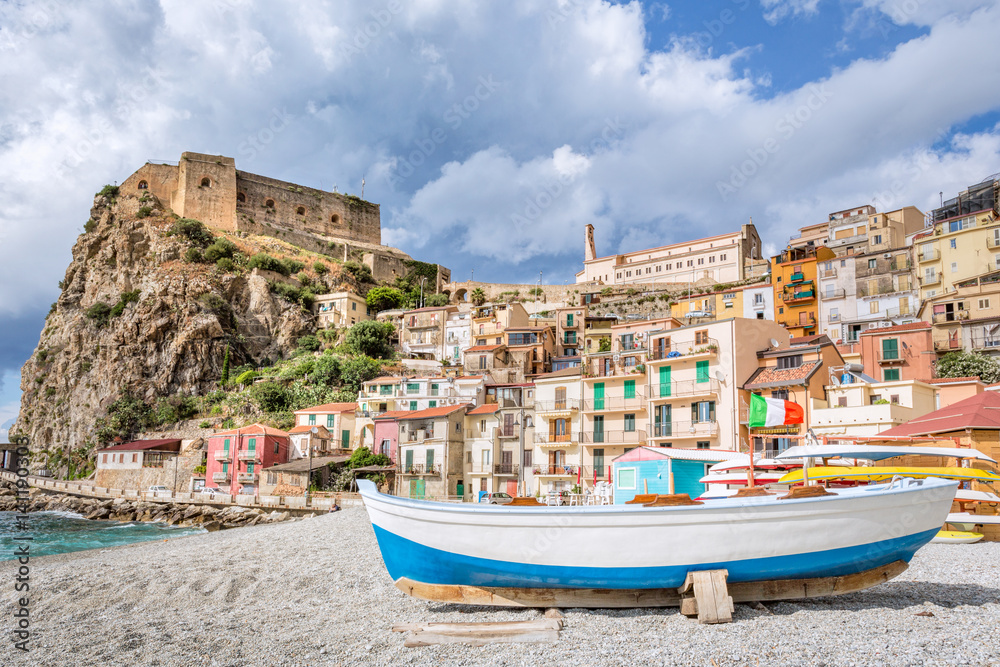 Beach of Scilla with Castello Ruffo, Calabria, Italy - obrazy, fototapety, plakaty 