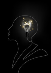 Wall Mural - glow idea text in light bulb and cable wire in form of human head with creative idea concept, transp