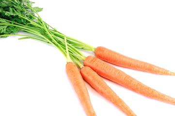 fresh carrot with leaves isolated on white background