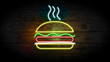 Realistic 3D illustration of Neon Hamburger sign on grunge wood wall with copy space, food and drinks sign, fast food and health care concept. restaurant neon sign.