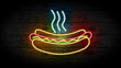 Realistic 3D illustration of Neon Hot Dogs sign on grunge wood wall with copy space, food and drinks sign, fast food and health care concept. Restaurant neon sign.