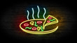 Realistic 3D illustration of Neon Pizza sign on grunge wood wall with copy space, food and drinks sign, fast food and health care concept. Restaurant neon sign.